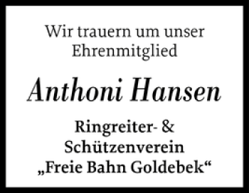Traueranzeige von Anthoni Hansen von Husumer Nachrichten