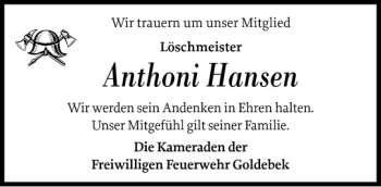 Traueranzeige von Anthoni Hansen von Husumer Nachrichten