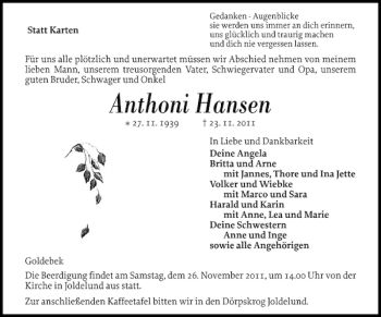 Traueranzeige von Anthoni Hansen von Flensburger Tageblatt