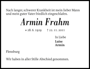 Traueranzeige von Armin Frahm von Flensburger Tageblatt
