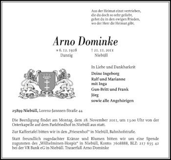 Traueranzeige von Arno Dominke von Husumer Nachrichten