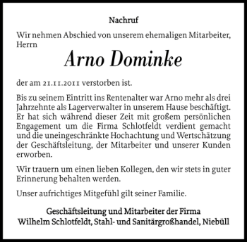 Traueranzeige von Arno Dominke von Nordfriesland Tageblatt