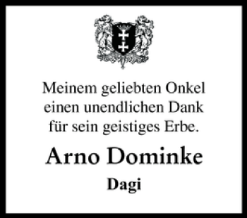 Traueranzeige von Arno Dominke von Husumer Nachrichten