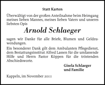 Traueranzeige von Arnold Schlaeger von Flensburger Tageblatt