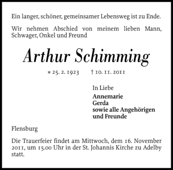 Traueranzeige von Arthur Schimming von Flensburger Tageblatt