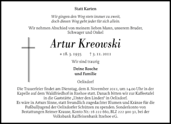 Traueranzeige von Artur Kreowski von Norddeutsche Rundschau