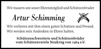 Traueranzeige von Artur Schimming von Flensburger Tageblatt