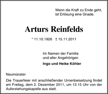 Traueranzeige von Arturs Reinfelds von Holsteinischer Courier