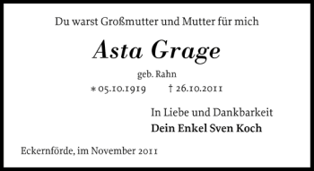 Traueranzeige von Asta Grage von Eckernförder Zeitung