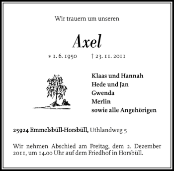 Traueranzeige von Axel  von Nordfriesland Tageblatt