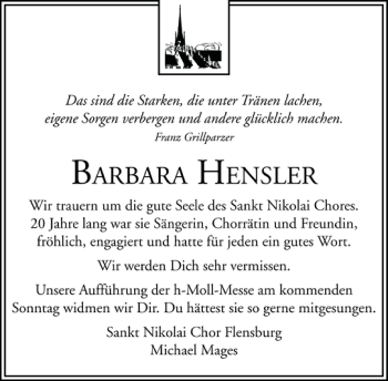 Traueranzeige von BarBara Hensler von Flensburger Tageblatt