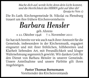 Traueranzeige von Barbara Hensler von Flensburger Tageblatt