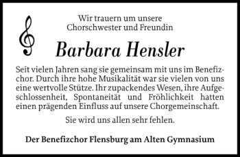 Traueranzeige von Barbara Hensler von Flensburger Tageblatt