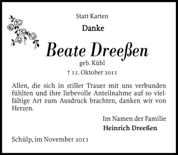 Traueranzeige von Beate Dreeßen von Landeszeitung