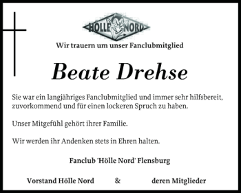 Traueranzeige von Beate Drehse von Flensburger Tageblatt