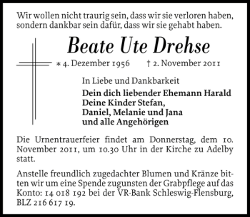 Traueranzeige von Beate Ute Drehse von Flensburger Tageblatt