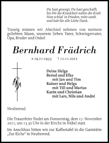 Traueranzeige von Bernhard Frädrich von Schleswiger Nachrichten