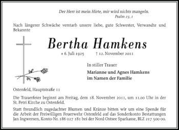 Traueranzeige von Bertha Hamkens von Husumer Nachrichten