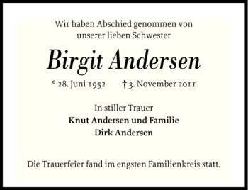 Traueranzeige von Birgit Andersen von Norddeutsche Rundschau