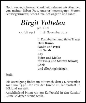 Traueranzeige von Birgit Voltelen von Schleswiger Nachrichten