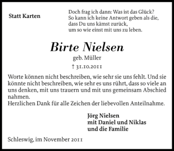 Traueranzeige von Birte Nielsen von Schleswiger Nachrichten