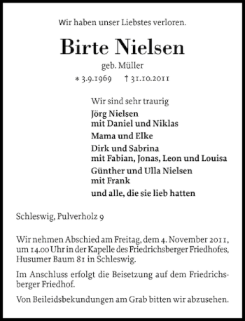 Traueranzeige von Birte Nielsen von Schleswiger Nachrichten