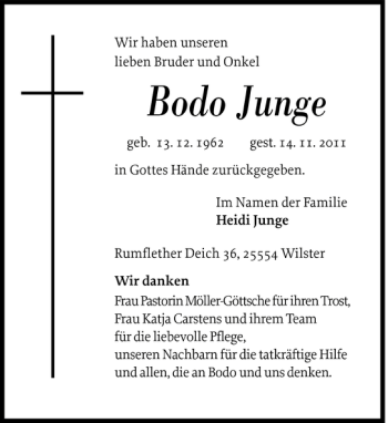 Traueranzeige von Bodo Junge von Norddeutsche Rundschau