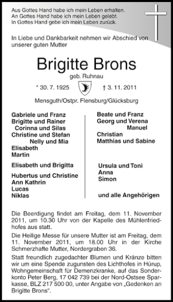 Traueranzeige von Brigitte Brons von Flensburger Tageblatt