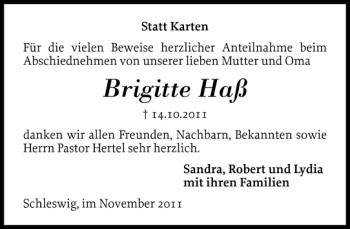 Traueranzeige von Brigitte Haß von Schleswiger Nachrichten