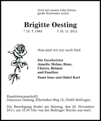 Traueranzeige von Brigitte Oesting von Pinneberger Tageblatt