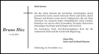 Traueranzeige von Bruno Hitz von Flensburger Tageblatt
