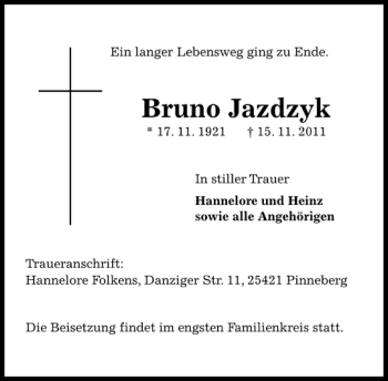 Traueranzeige von Bruno Jazdzyk von Pinneberger Tageblatt