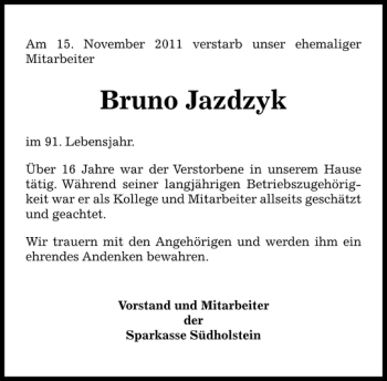 Traueranzeige von Bruno Jazdzyk von Pinneberger Tageblatt