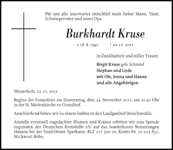 Traueranzeige von Burkhardt Kruse von Flensburger Tageblatt
