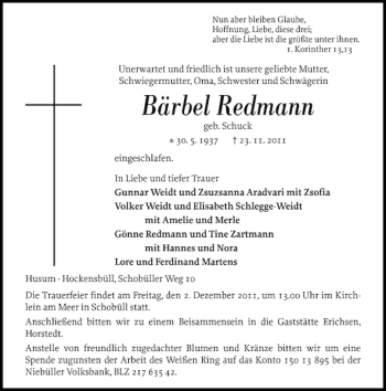 Traueranzeige von Bärbel Redmann von Husumer Nachrichten