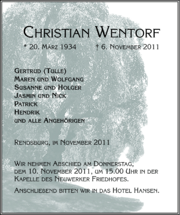 Traueranzeige von CHRISTIAN WENTORF von Landeszeitung