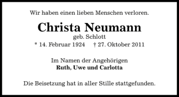 Traueranzeige von Christa Neumann von Pinneberger Tageblatt