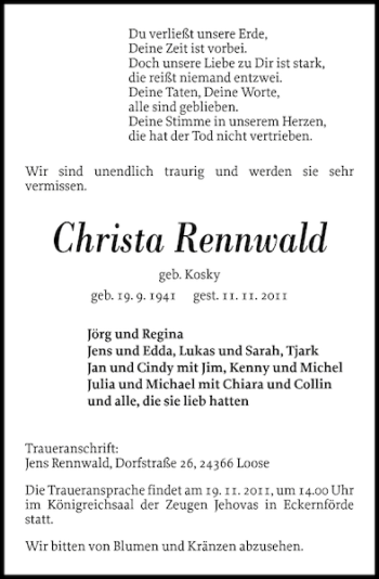 Traueranzeige von Christa Rennwald von Eckernförder Zeitung
