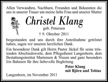 Traueranzeige von Christel Klang von Husumer Nachrichten