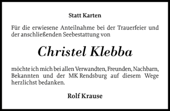 Traueranzeige von Christel Klebba von Eckernförder Zeitung