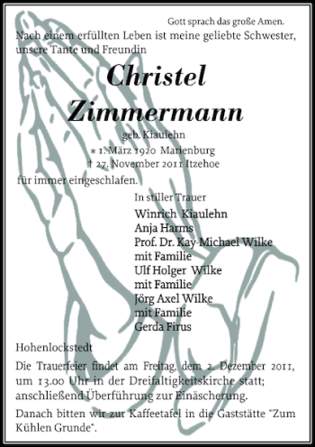 Traueranzeige von Christel Zimmermann von Norddeutsche Rundschau