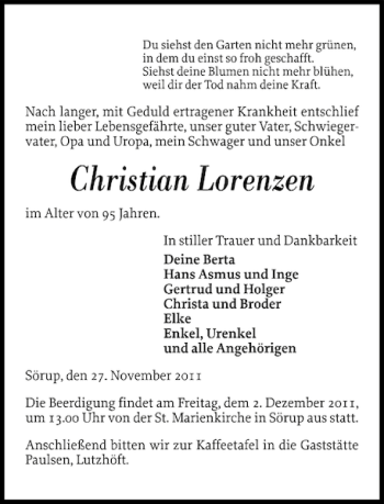 Traueranzeige von Christian Lorenzen von Flensburger Tageblatt