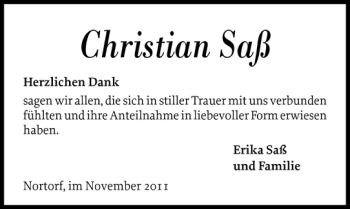 Traueranzeige von Christian Saß von Norddeutsche Rundschau