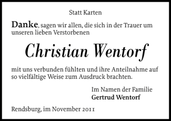 Traueranzeige von Christian Wentorf von Landeszeitung