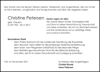 Traueranzeige von Christine Petersen von Husumer Nachrichten
