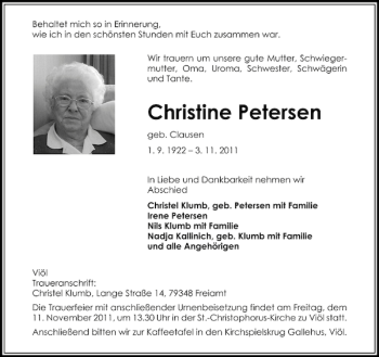 Traueranzeige von Christine Petersen von Husumer Nachrichten