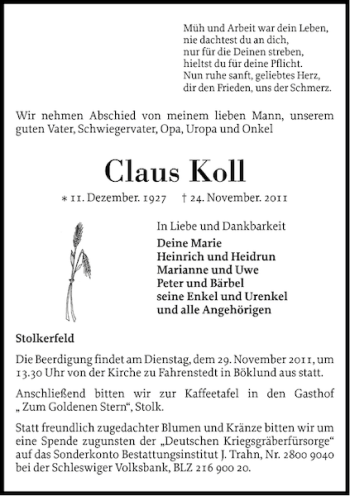 Traueranzeige von Claus Koll von Flensburger Tageblatt