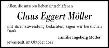 Traueranzeige von Claus Eggert Möller von Landeszeitung