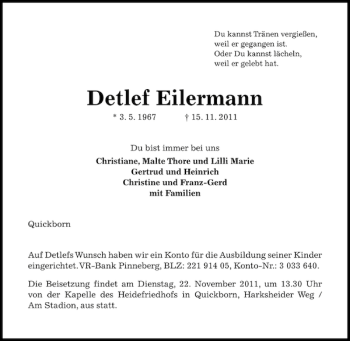 Traueranzeige von Detlef Eilermann von Pinneberger Tageblatt