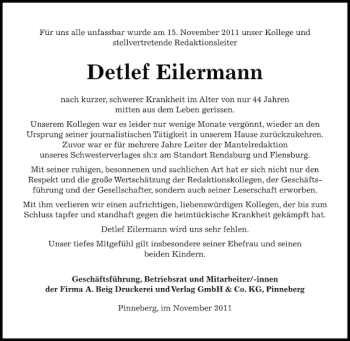 Traueranzeige von Detlef Eilermann von Pinneberger Tageblatt